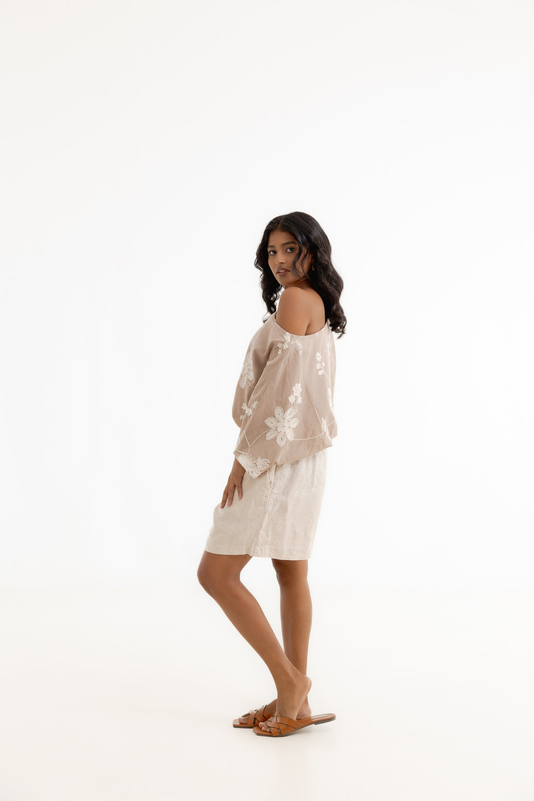 Off Shoulder Top with Elasticated waistband - Cutlon Taupe / White