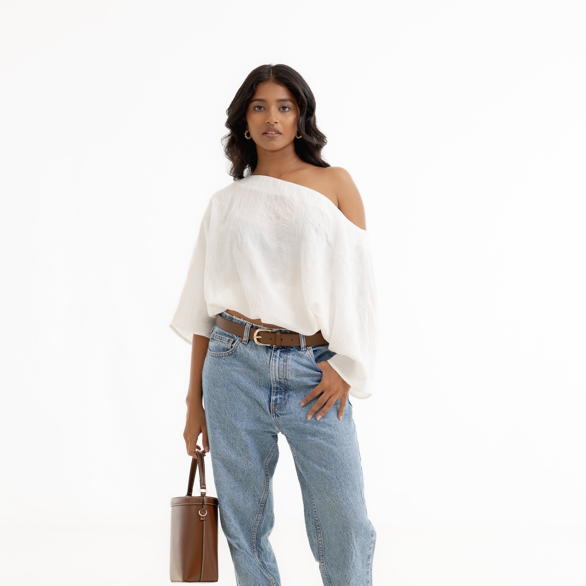 Off Shoulder Top with Elasticated waistband - Crinkle White