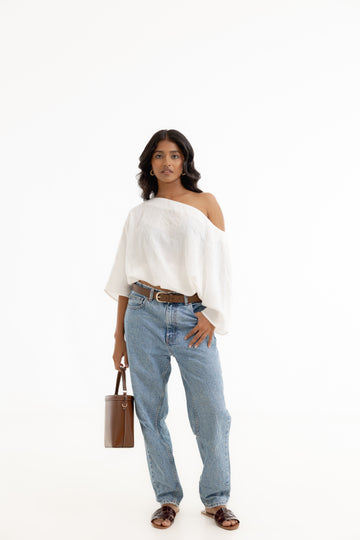 Off Shoulder Top with Elasticated waistband - Crinkle White