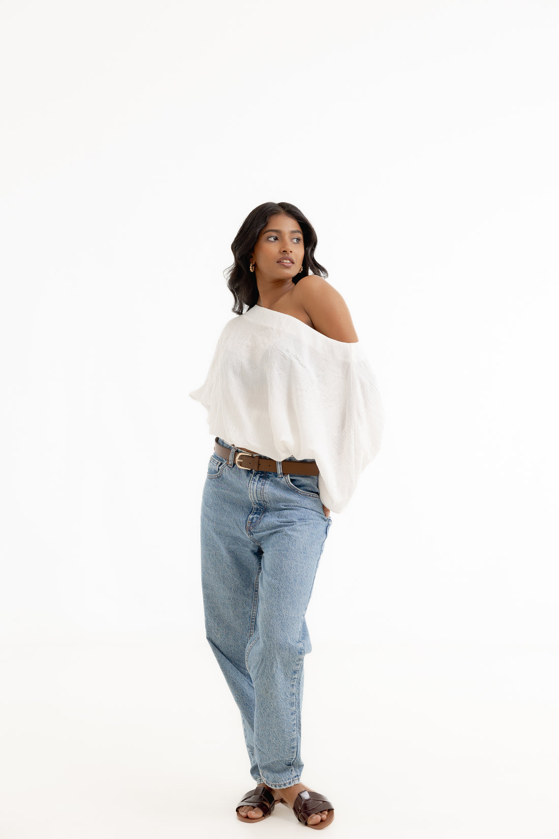 Off Shoulder Top with Elasticated waistband - Crinkle White