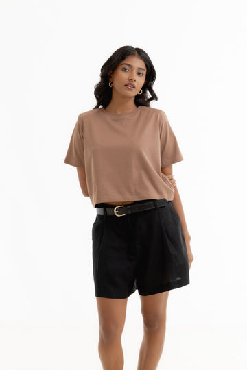 Padded Sleeve Crop T-Shirt - Camel