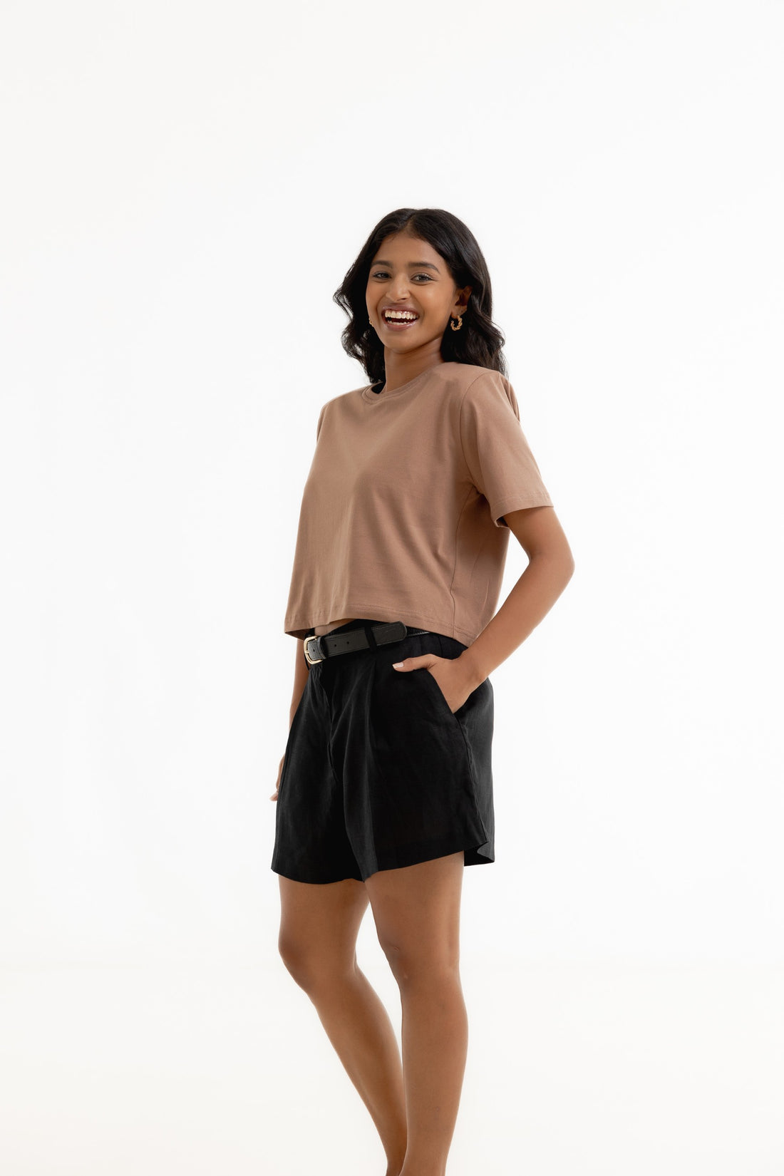 Padded Sleeve Crop T-Shirt - Camel