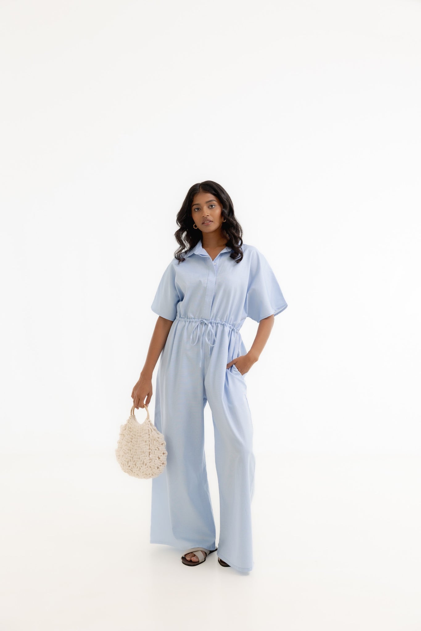 Point Collar Drawstring Jumpsuit - Light Blue