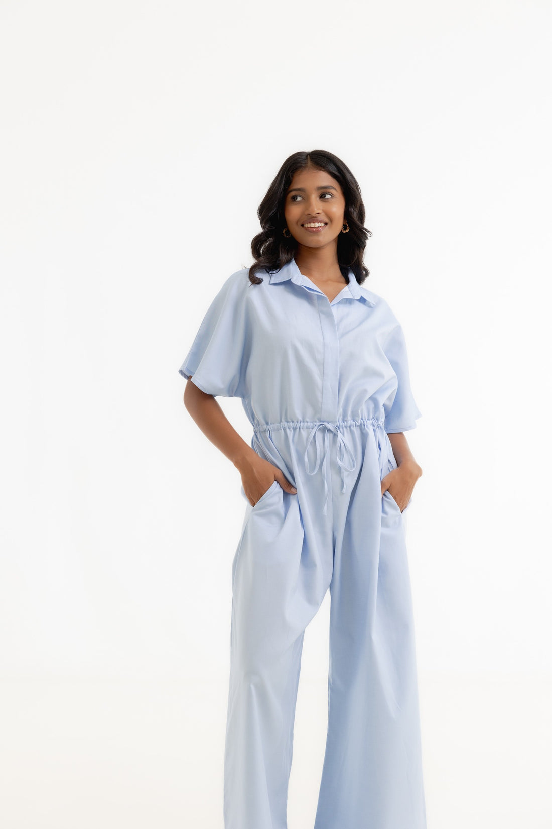 Point Collar Drawstring Jumpsuit - Light Blue