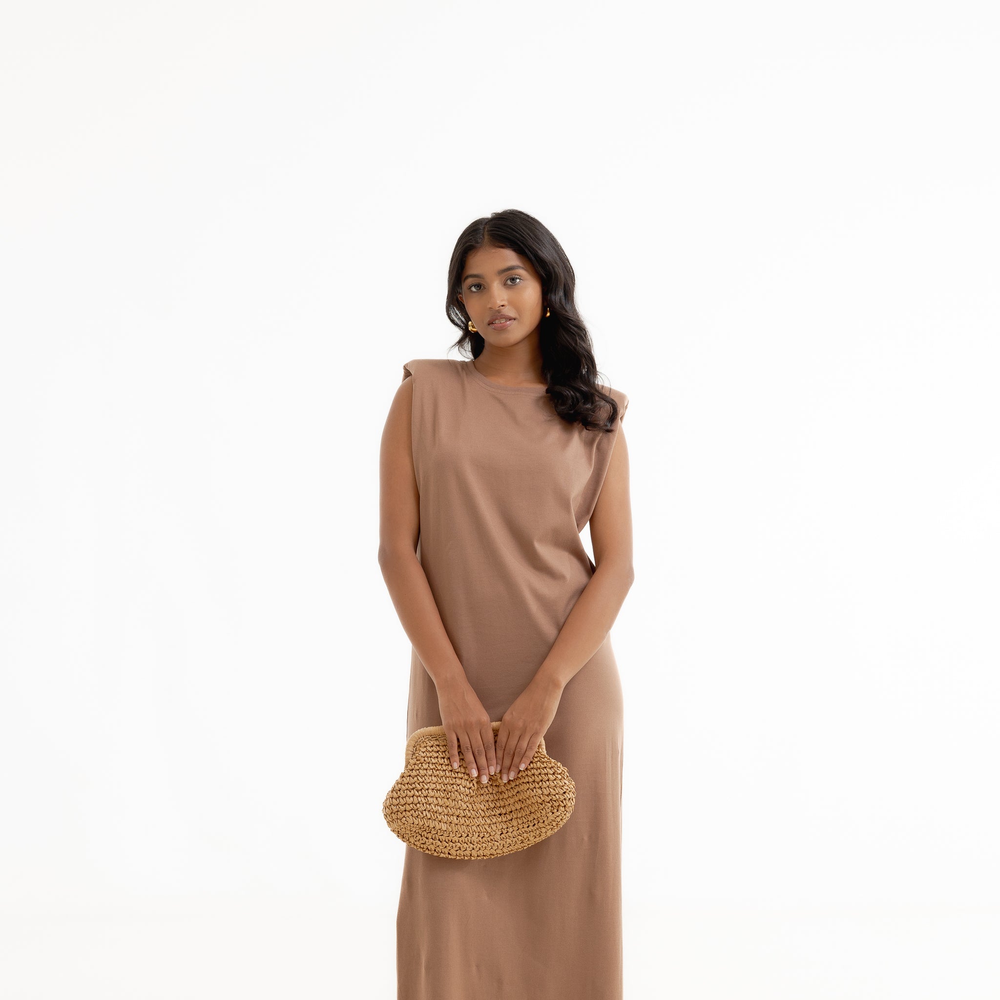 Padded Sleeveless Knit Dress - Camel