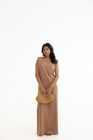 Padded Sleeveless Knit Dress - Camel