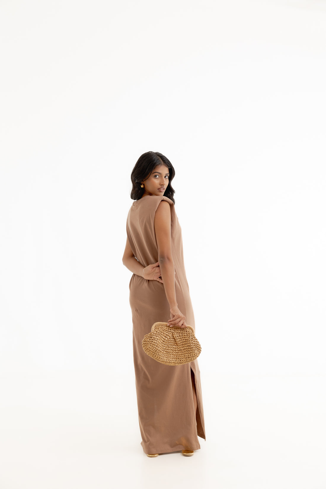 Padded Sleeveless Knit Dress - Camel