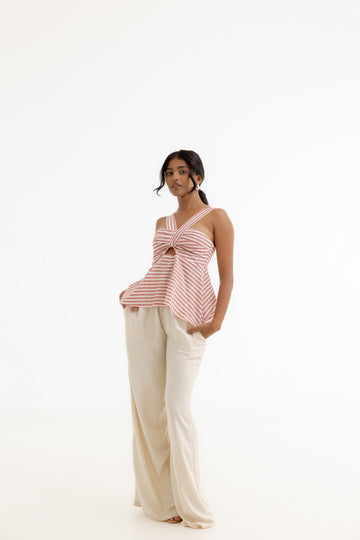 Halter Neck Top - Red / White Stripe Linen