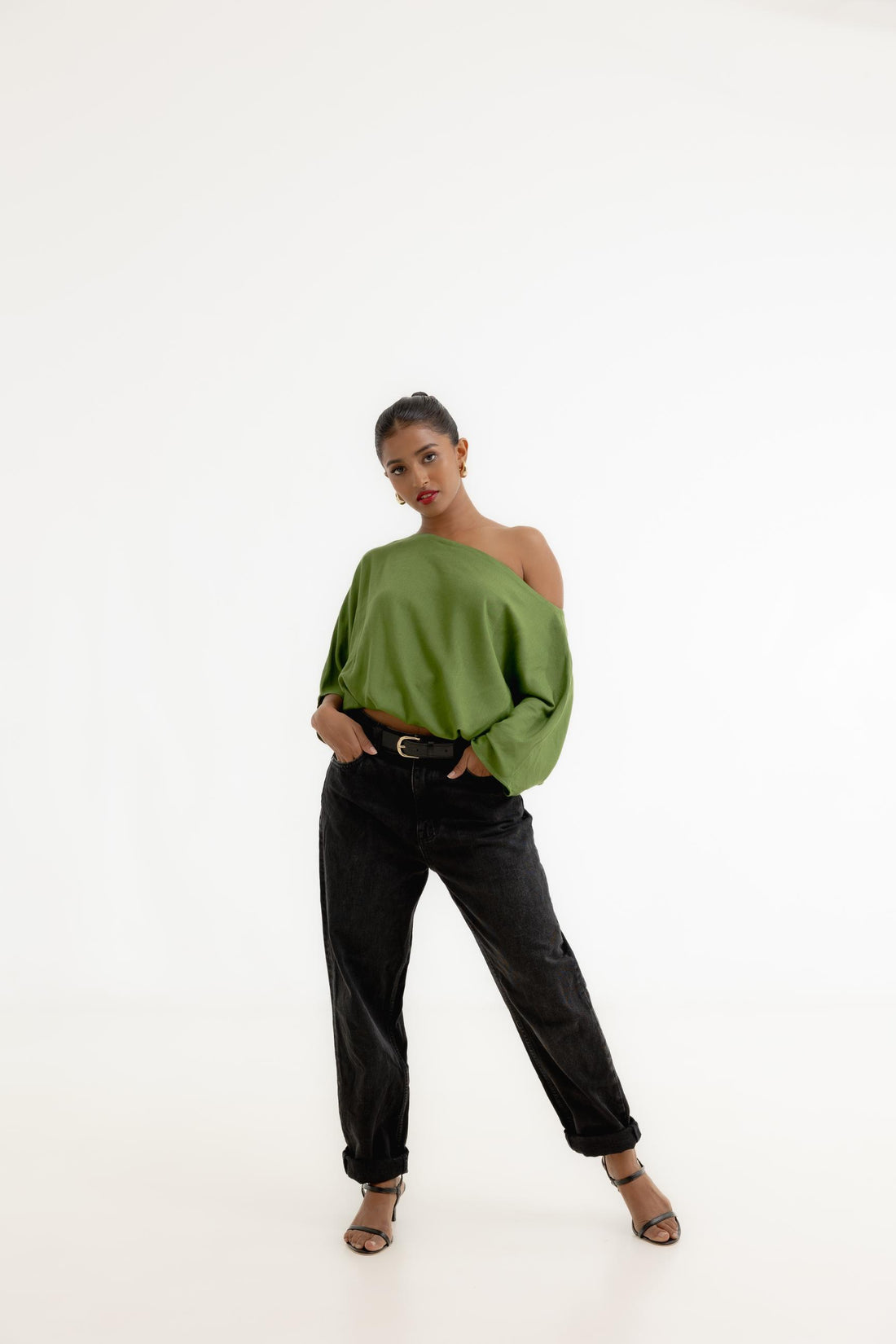 Off Shoulder Top with Elasticated waistband - Moss Green Linen