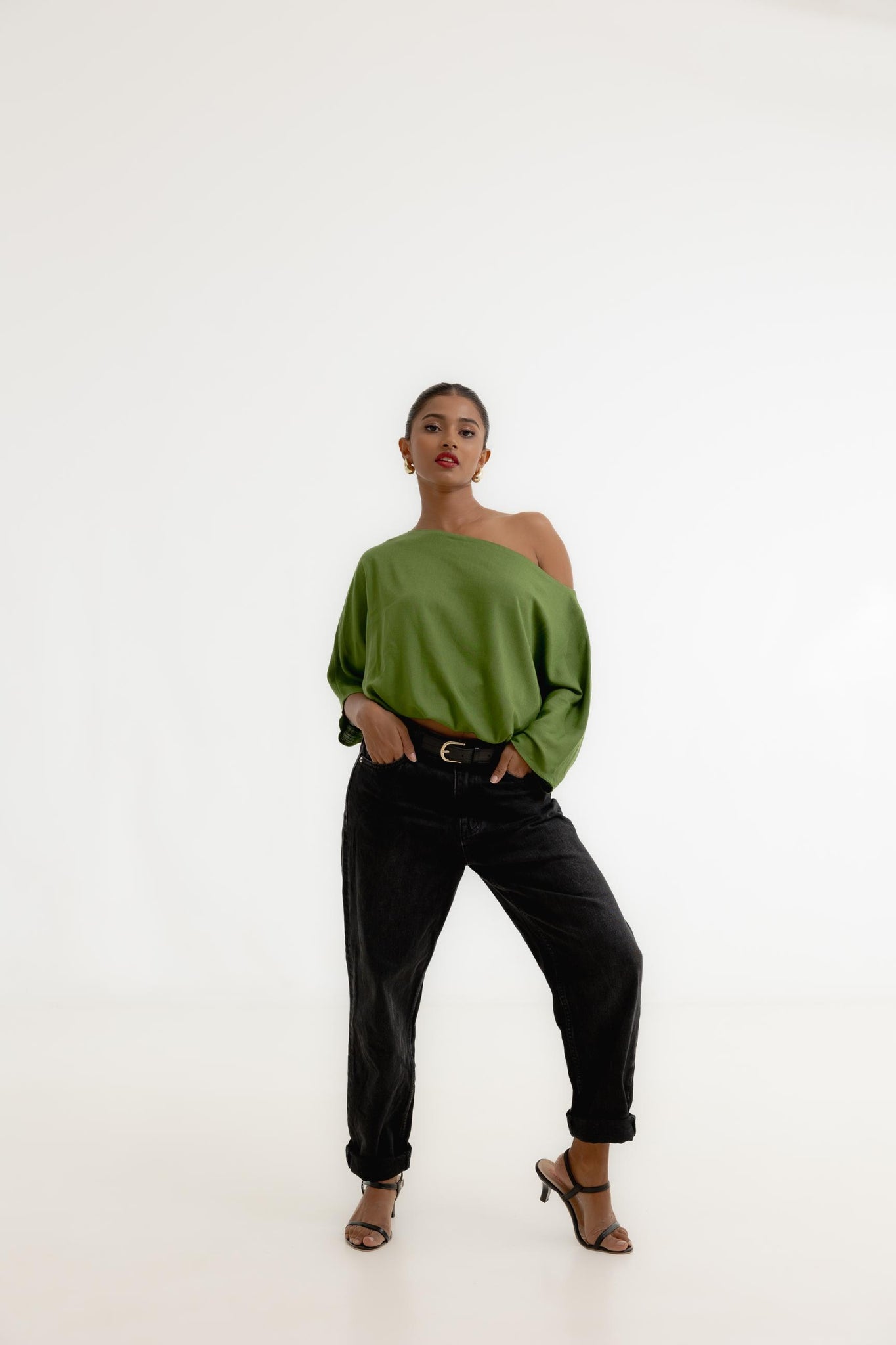 Off Shoulder Top with Elasticated waistband - Moss Green Linen