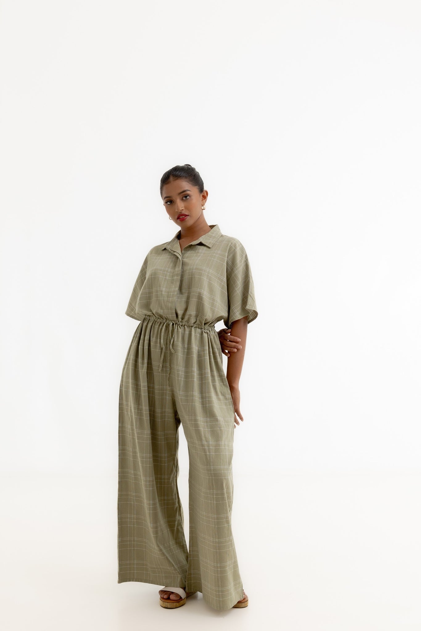 Point Collar Drawstring Jumpsuit - Fern Yarn Dyed Check