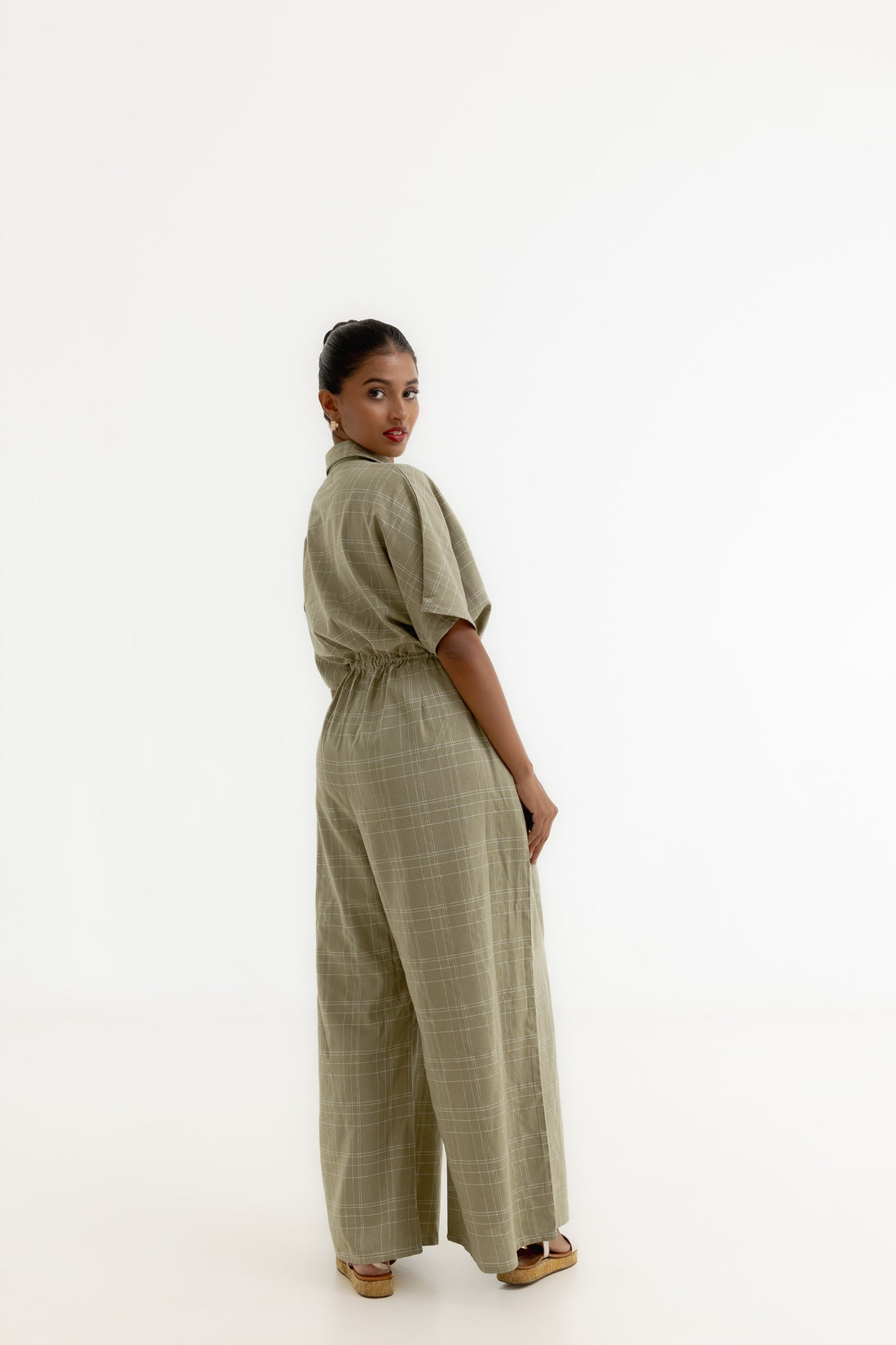 Point Collar Drawstring Jumpsuit - Fern Yarn Dyed Check