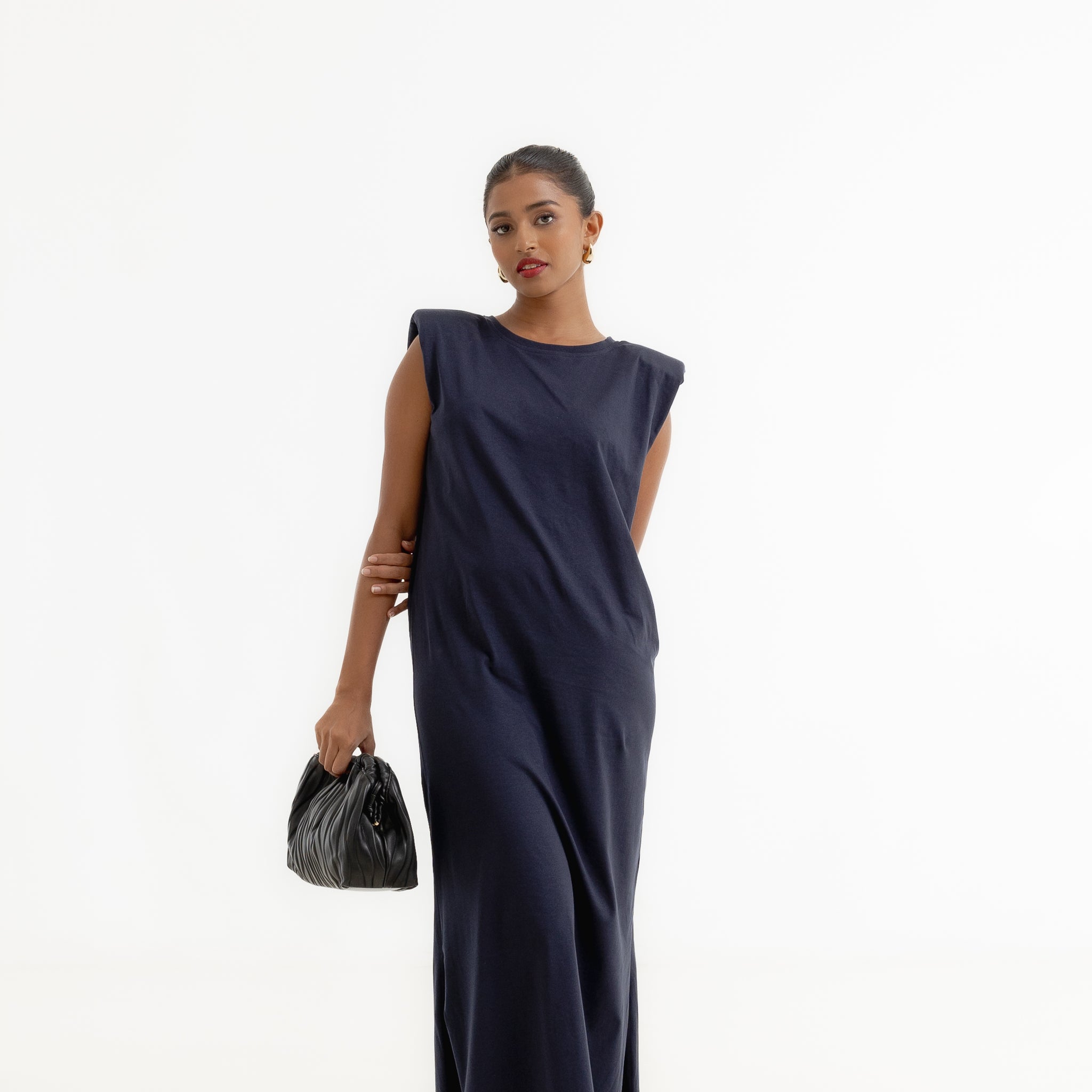 Padded Sleeveless Knit Dress - Navy Blue