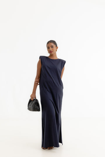 Padded Sleeveless Knit Dress - Navy Blue