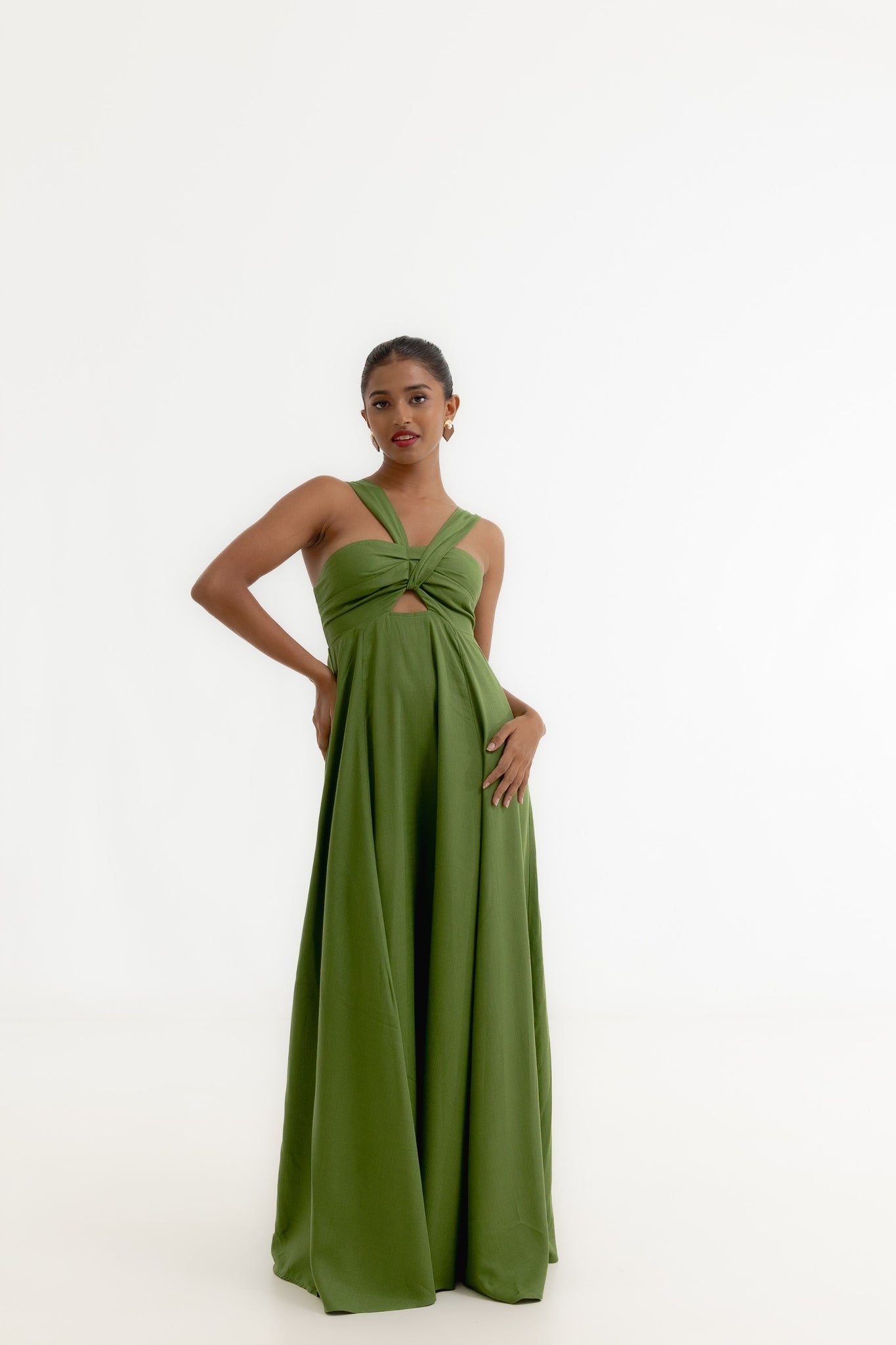 Halter Neck Cut Out Dress - Moss Green Linen Halter Neck Cut Out Dress - Moss Green Linen