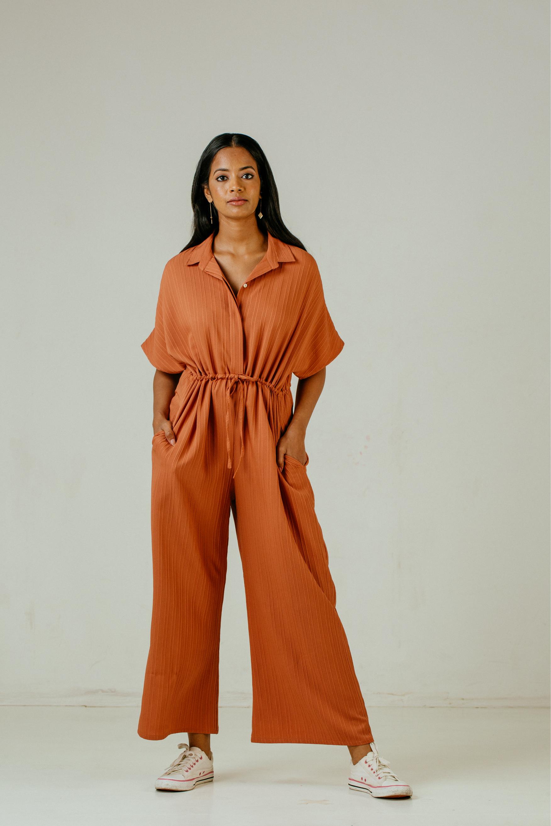 Point Collar Jumpsuit - Burnt Orange 