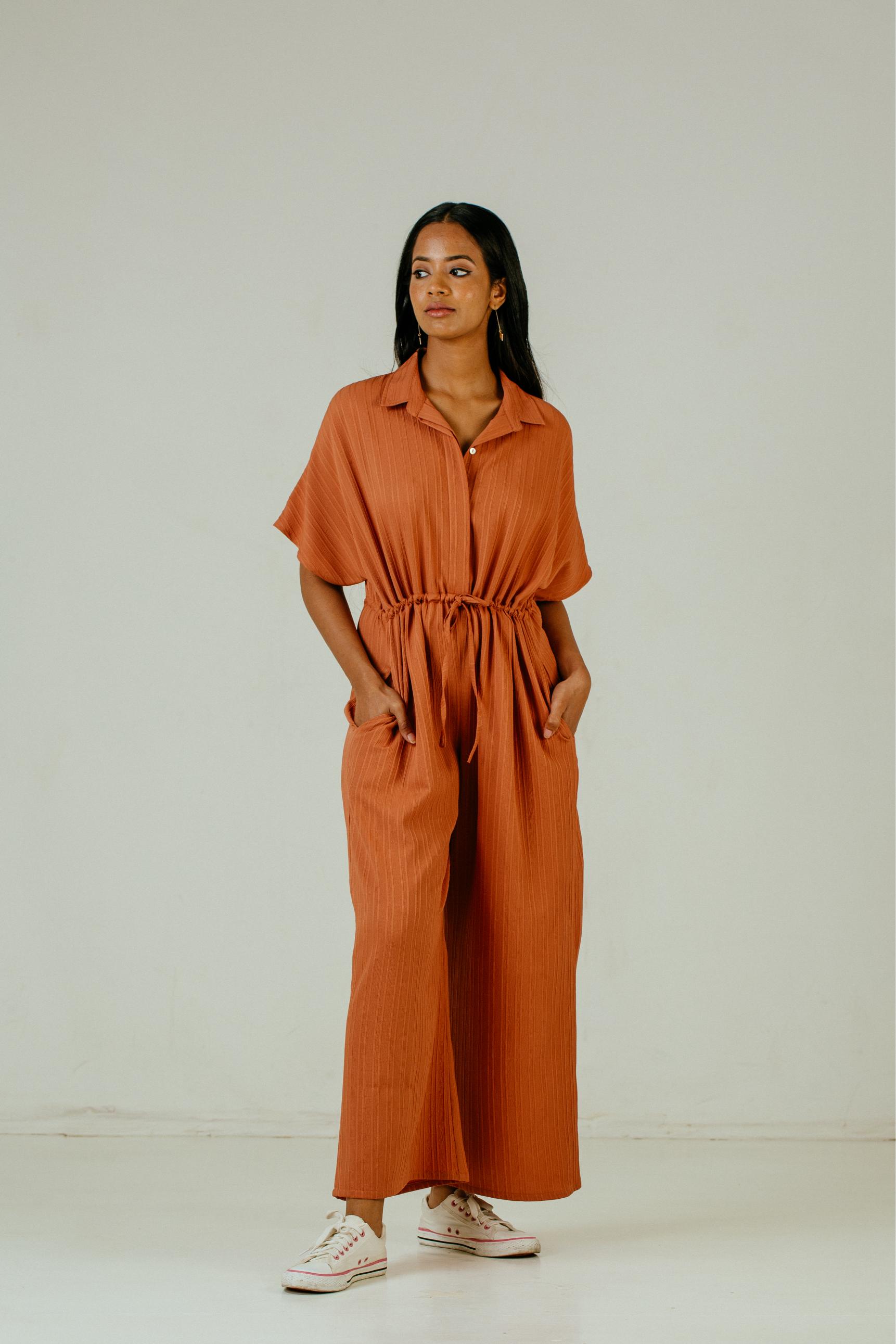 Point Collar Jumpsuit - Burnt Orange 