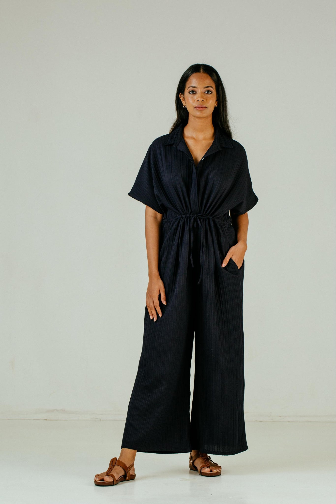 Point Collar Jumpsuit - Navy