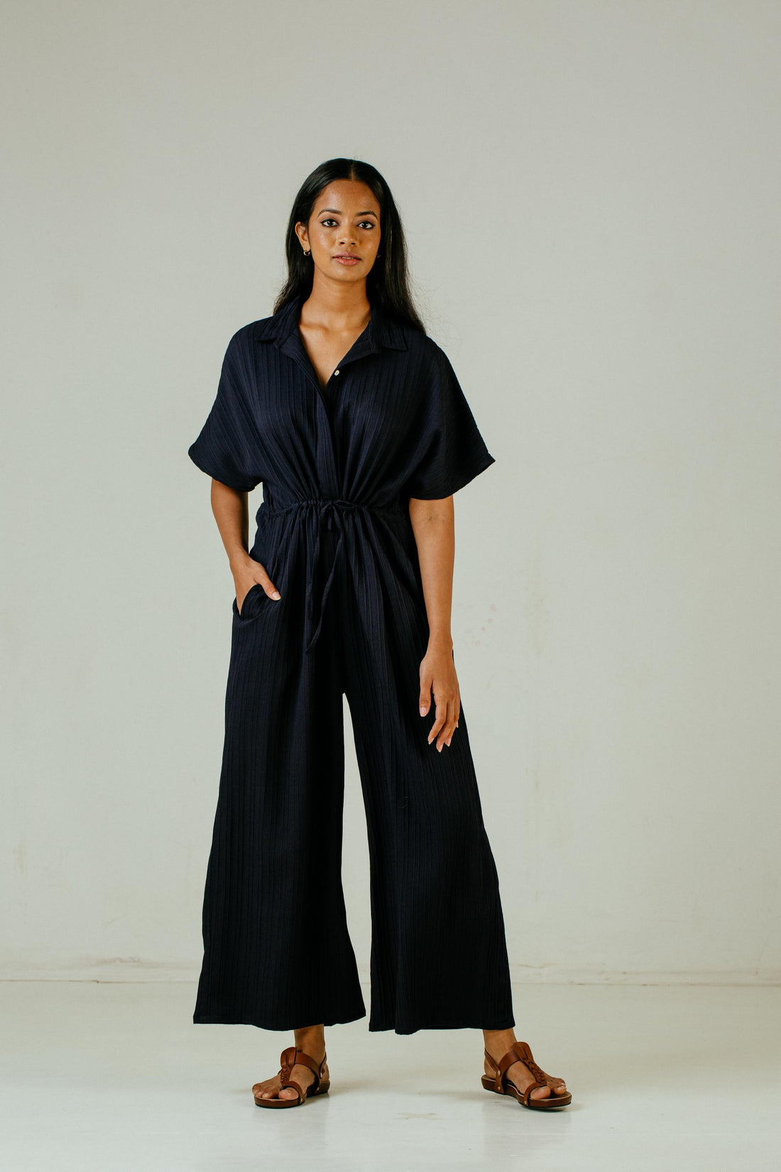 Point Collar Jumpsuit - Navy