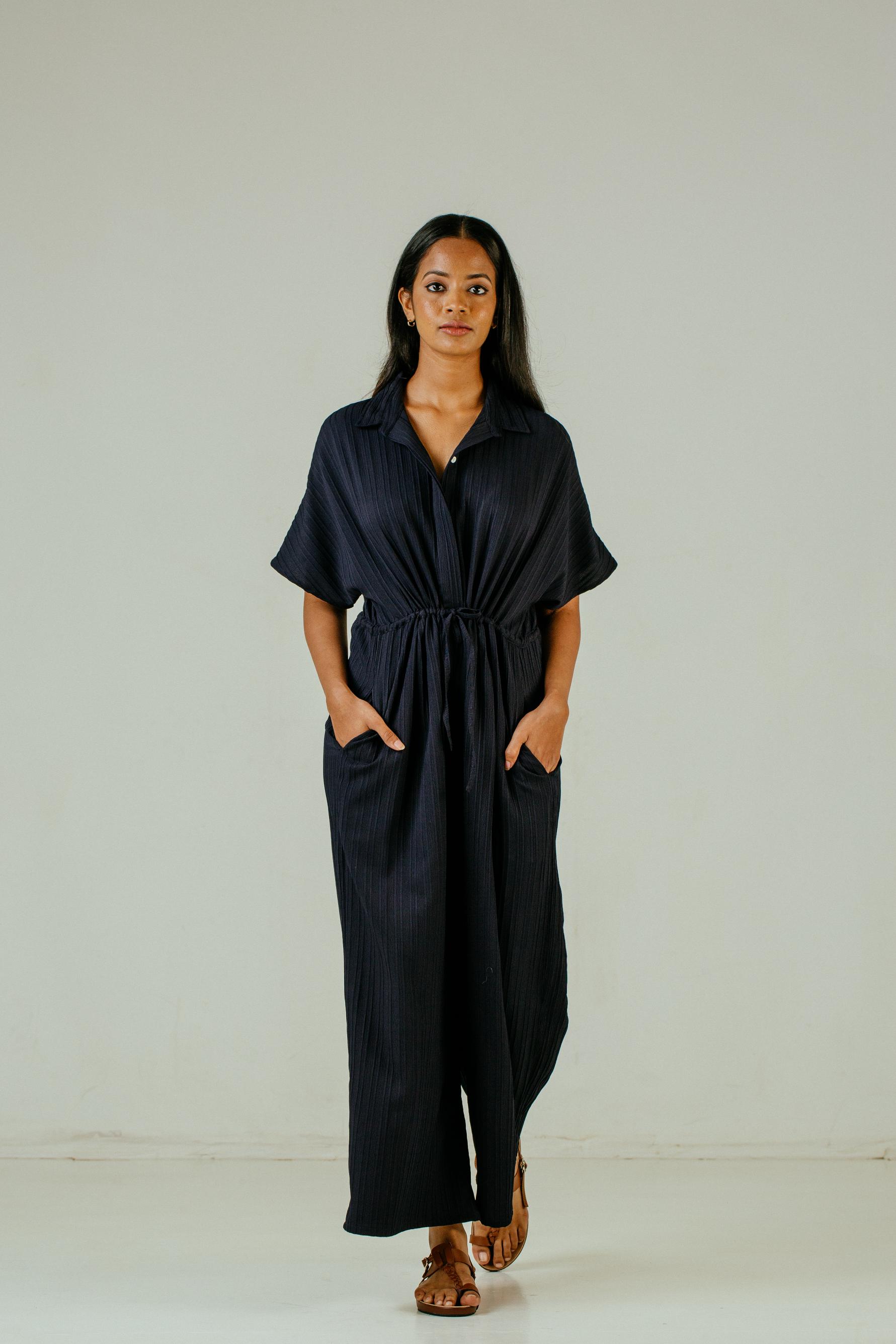 Point Collar Jumpsuit - Navy