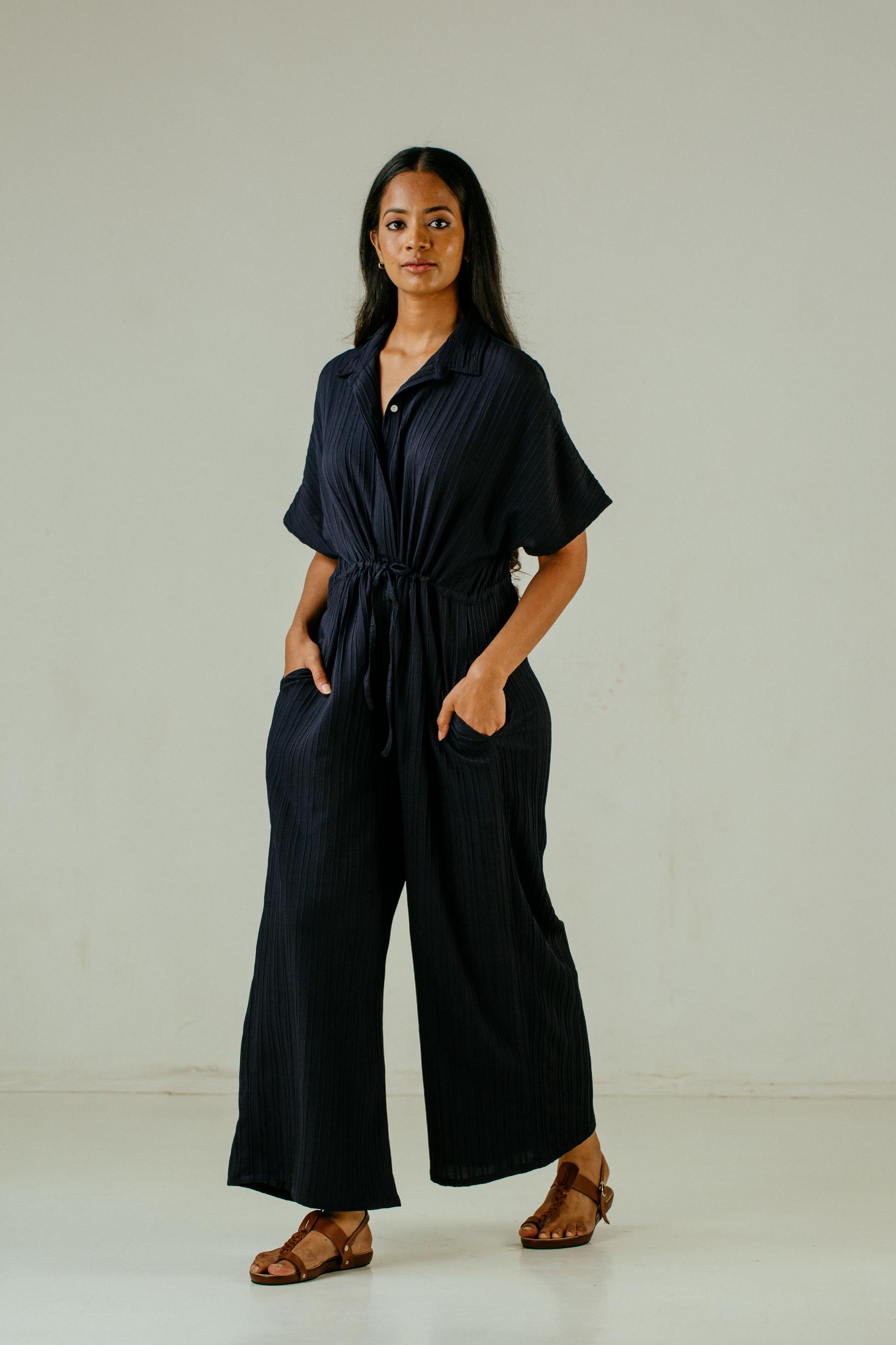 Point Collar Jumpsuit - Navy